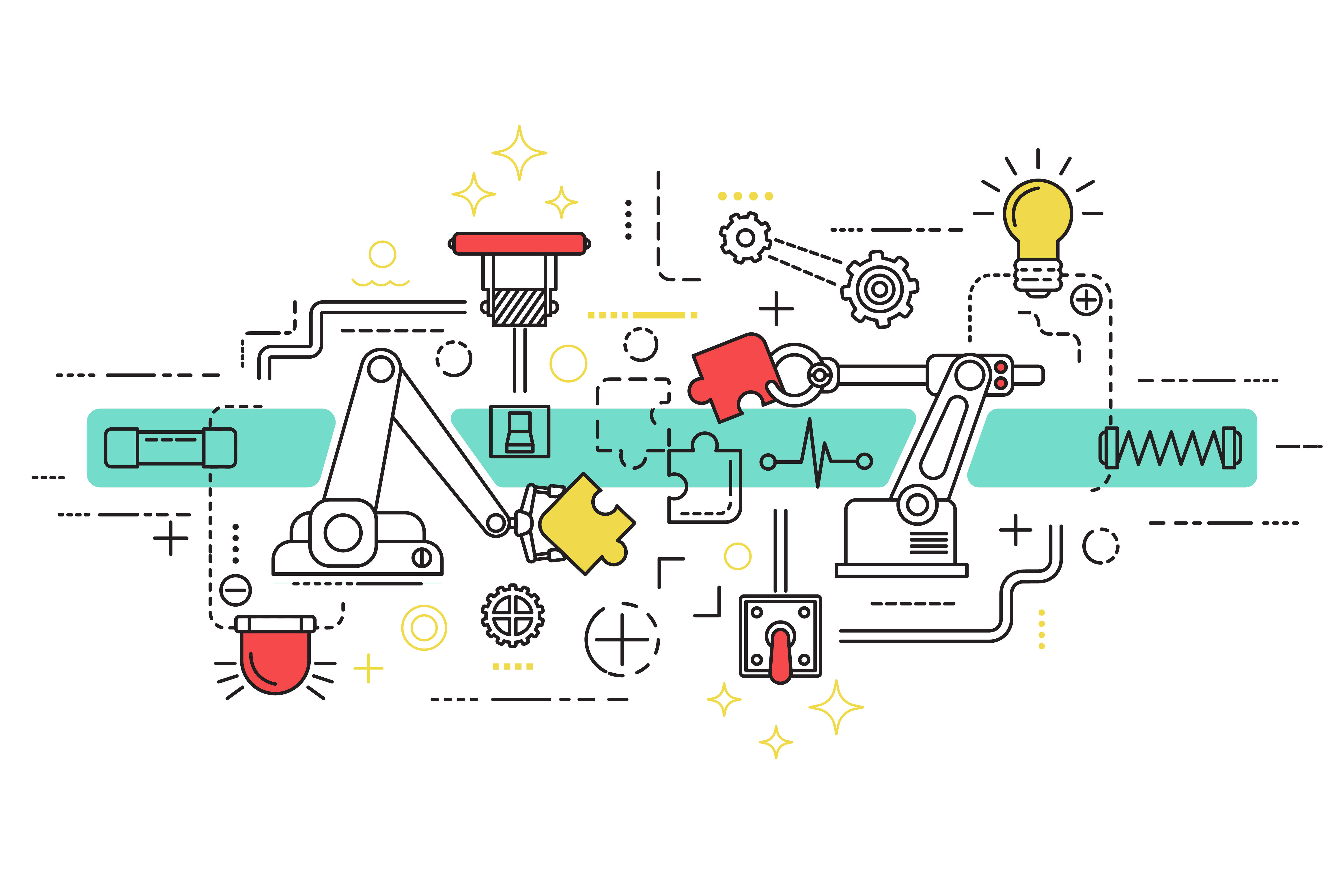 Illustrated automation-themed graphic featuring robotic arms assembling colorful puzzle pieces, surrounded by gears, wires, switches, and industrial symbols. Minimalist line-art design uses black outlines with red, yellow, and teal accents on a light gray background, evoking technology, engineering, innovation, and systems integration.