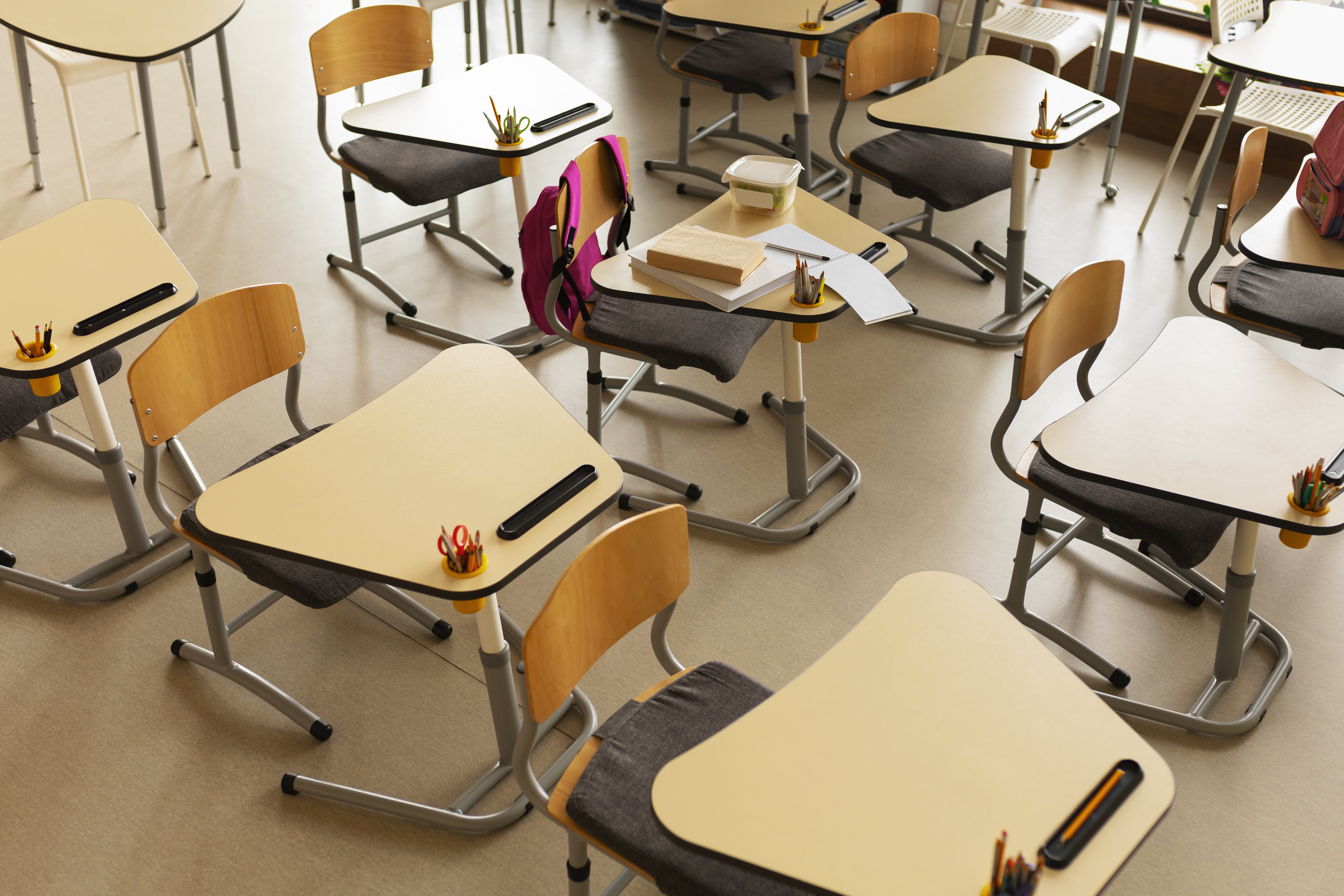 high angle shot of interior classroom